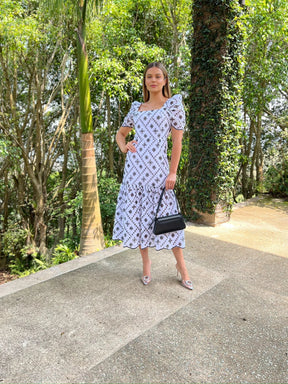 Vestido Midi Graça de Laise Bicolor Branco com Preto