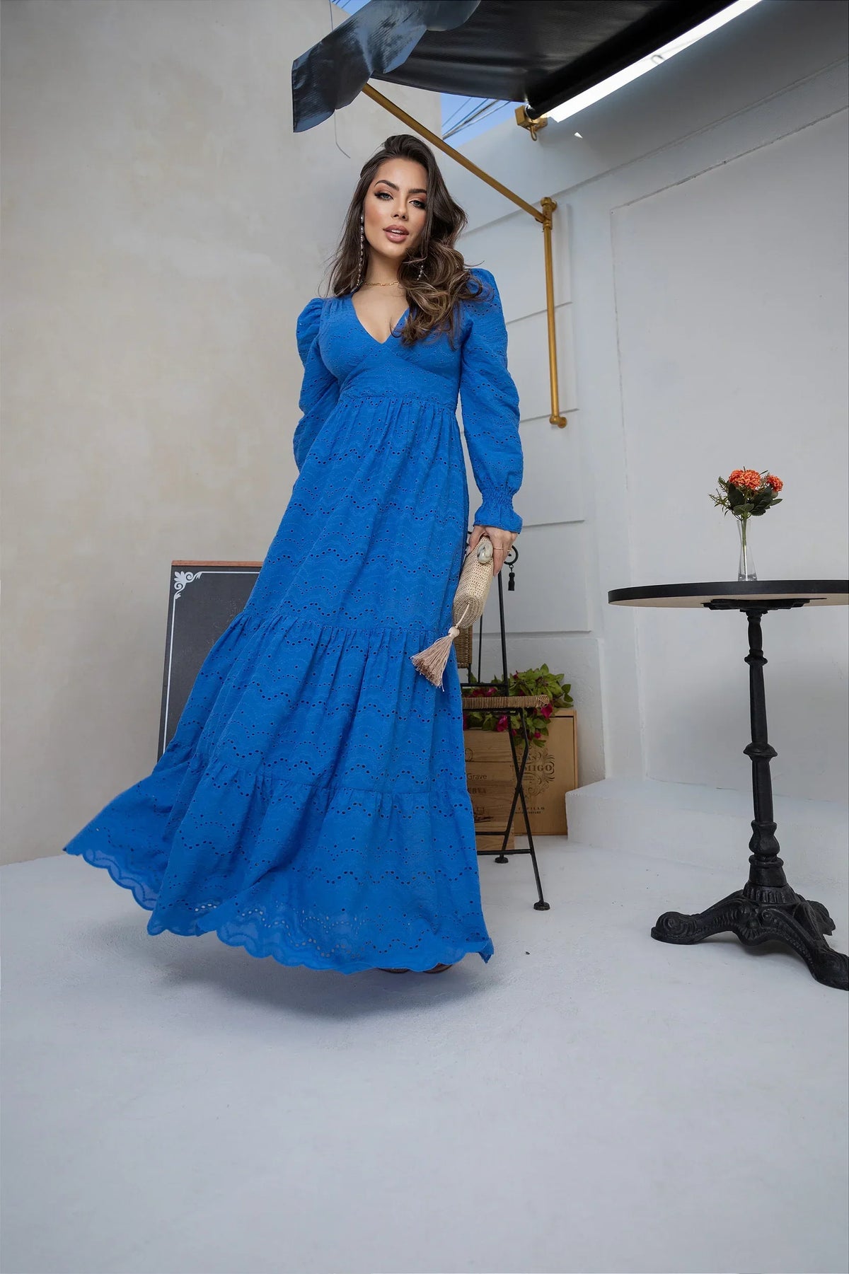 Vestido Pérola Longo de Laise Manga Bufante Azul Royal