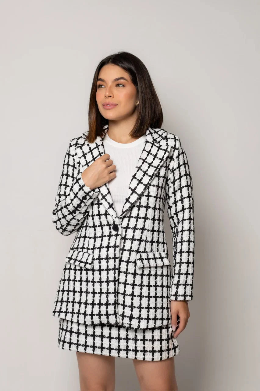 Blazer de Tweed Flora Branco com Preto