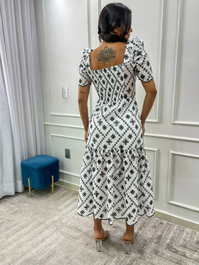 Vestido Midi Graça de Laise Bicolor Branco com Preto